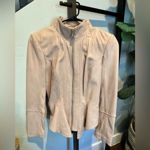 Bebe leather jacket with subtle ruffle hem in mauve